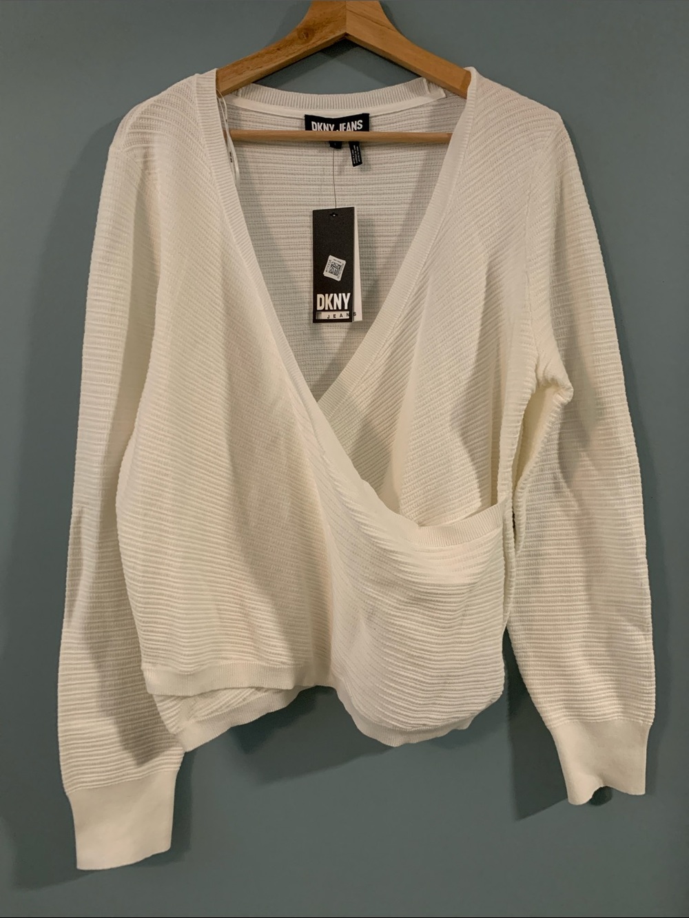 DKNY NWT White Ribbed Knit faux wrap style Sweater